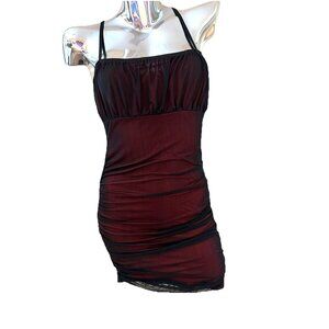 Y2K Babydoll Mini Dress Bodycon Size S Black Mesh Red Lining Vamp Fairy Grunge
